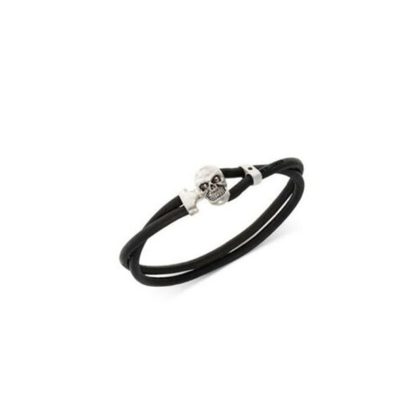R.T. James Men's Silver-Tone Black Leather Skull NIB